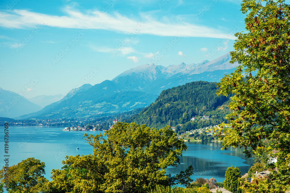 View of a mountain lake in autumn. Millstatt am See, Lake Millstatt in Carinthia, Austria, Europe