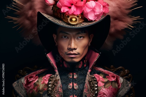 Stylish man wearing an extravagant hat with flowers and a matching floral outfit poses for a fashion portrait
