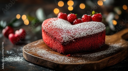 Heart-shaped cake, red velvet, strawberries, festive lights, romantic dessert photo