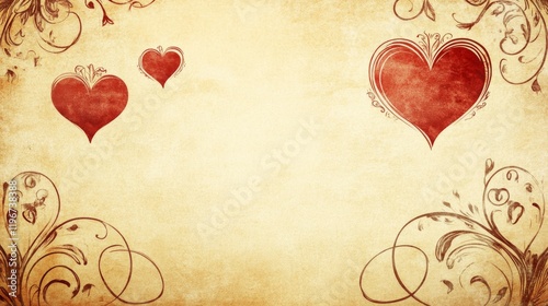 vintage parchment background with ornate corner flourishes, delicate scrollwork border design, red heart motifs, elegant cursive love text, aged paper texture, romantic victorian style decorative