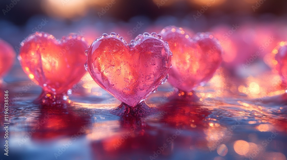 Glowing ice hearts, romantic bokeh background, Valentine's, love Glowing ice hearts, romantic bokeh background, Valentine's, love