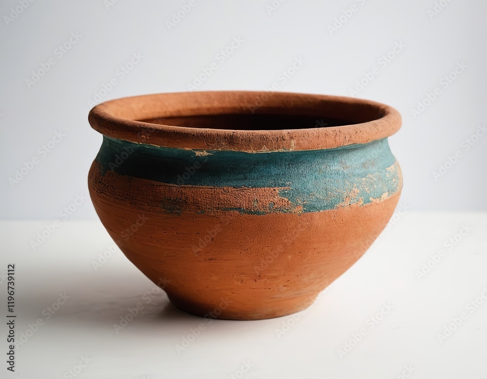 Artisan-crafted clay pot with a rustic texture and turquoise band, showcasing traditional craftsmanship. Artisan-crafted clay pot with a rustic texture and turquoise band, showcasing traditional craftsmanship.