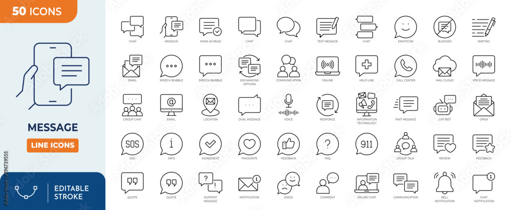 Message line editable icon set. Containing speech, chat, help, and more. Vector illustration Message line editable icon set. Containing speech, chat, help, and more. Vector illustration