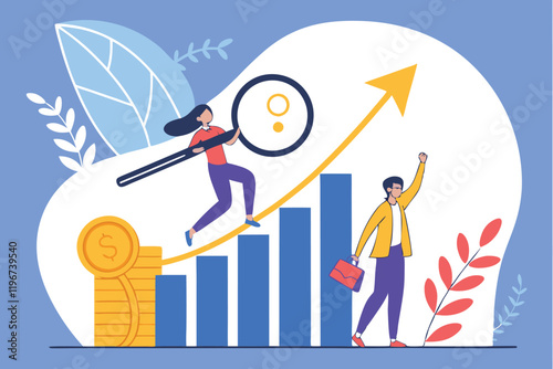 Business growth chart, financial success, data analysis, magnifying glass, triumphant figure, rising bar graph, digital marketing, cryptocurrency coins, vector illustration, flat design, blue backgrou