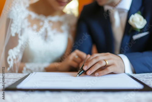 Groom holding a pen and reading prenuptial agreement with bride before signing