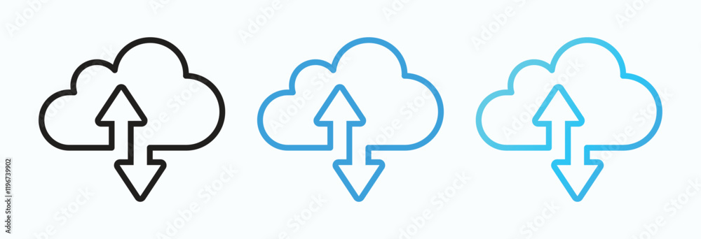 Collection of upload and download vector icons with three different colors. Cloud computing icon symbol. Vector illustration
