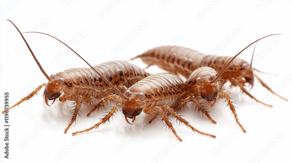 Three brown nymphs of a cockroach species on white background. Three brown nymphs of a cockroach species on white background.
