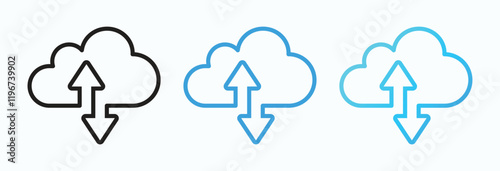 Collection of upload and download vector icons with three different colors. Cloud computing icon symbol. Vector illustration