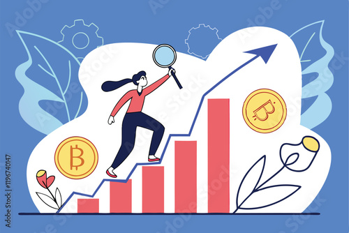 Business growth chart, financial success, data analysis, magnifying glass, triumphant figure, rising bar graph, digital marketing, cryptocurrency coins, vector illustration, flat design, blue backgrou