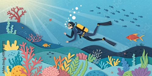 Underwater scene with fish, dolphins, and sharks in a tropical ocean with waves and sunlight