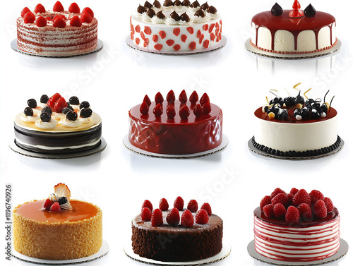 Assorted Decorative Cakes with Fruits and Chocolate on White Background photo