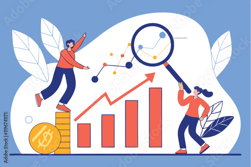 Business growth chart, financial success, data analysis, magnifying glass, triumphant figure, rising bar graph, digital marketing, cryptocurrency coins, vector illustration, flat design, blue backgrou