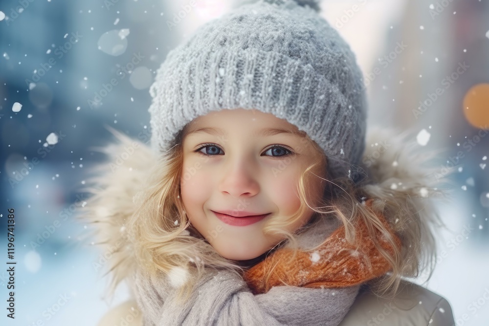 Portrait of a smiling child wearing winter clothes while snowflakes are falling on her Portrait of a smiling child wearing winter clothes while snowflakes are falling on her
