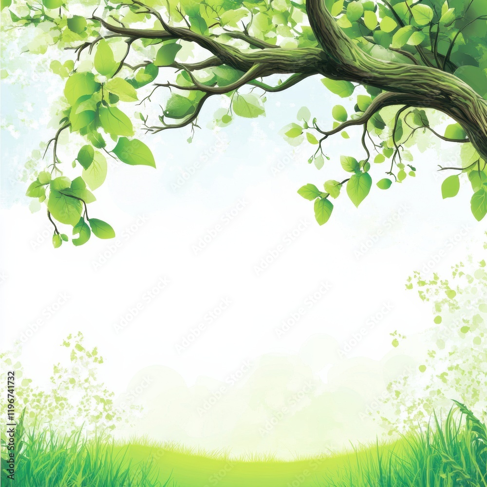 Bright green branch with leaves in a tranquil natural setting with ample space for text overlay. Generative AI Bright green branch with leaves in a tranquil natural setting with ample space for text overlay. Generative AI