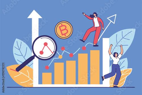 Business growth chart, financial success, data analysis, magnifying glass, triumphant figure, rising bar graph, digital marketing, cryptocurrency coins, vector illustration, flat design, blue backgrou