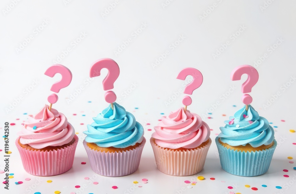 Pink and blue cupcakes with questions about the baby's gender on a white background Pink and blue cupcakes with questions about the baby's gender on a white background