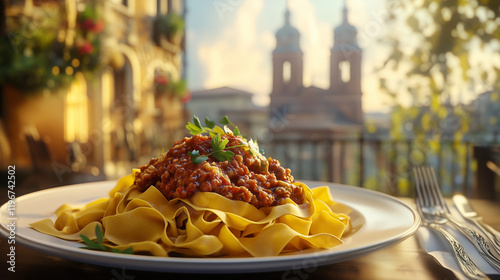 Plate of Tagliatelle pasta with a rich ragù Bolognese sauce, garnished with fresh parsley background with the Asinelli and Garisenda in emilia romagna, Italian Cuisine
