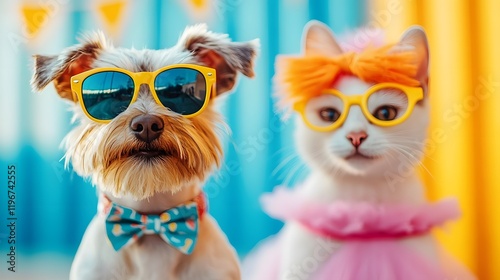 Playful Pets Dressed in Colorful Outfits Interacting in Lively Outdoor Setting