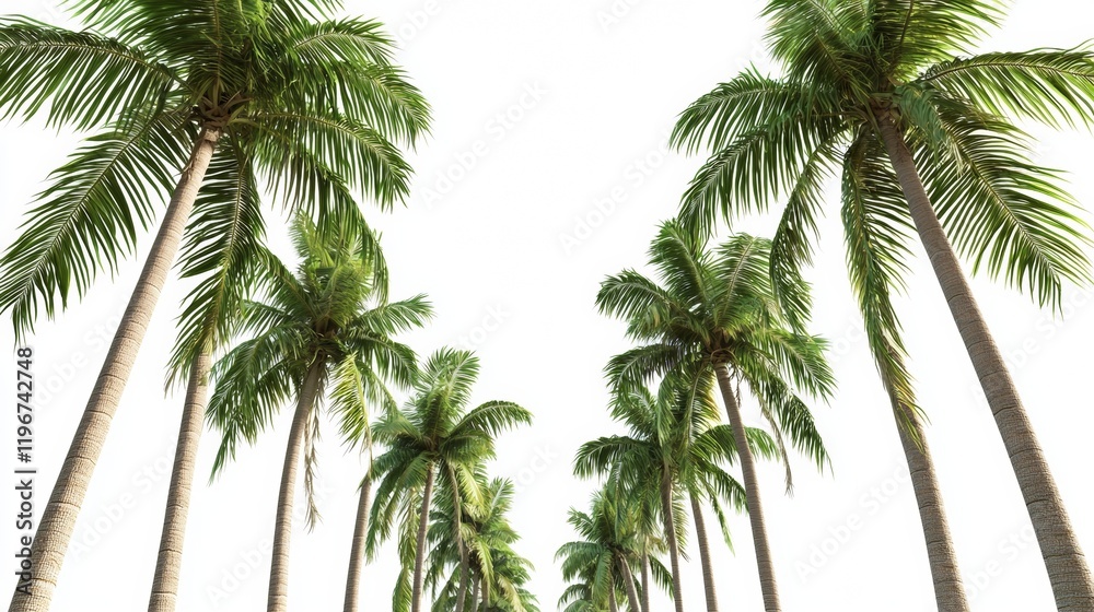 Obraz premium Lush palm trees line a sunny pathway in a tropical setting surrounded by bright blue sky