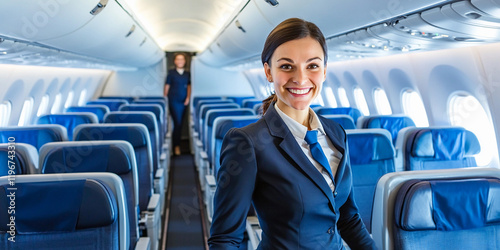 Flight attendant ready to assist passengers on a plane