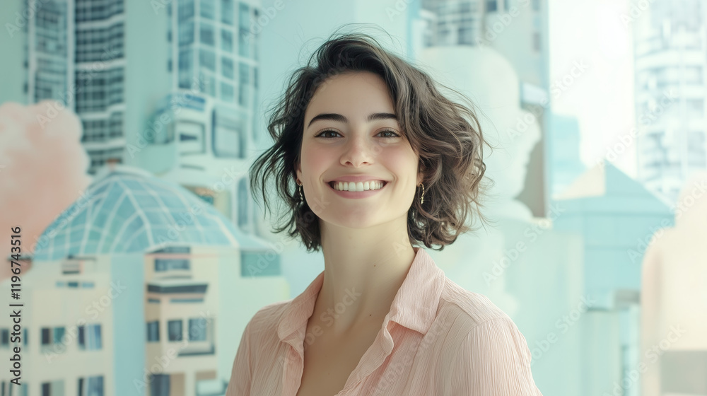 Smiling young woman with short wavy hair standing in front of a pastel-toned cityscape background
Smiling young woman with short wavy hair standing in front of a pastel-toned cityscape background