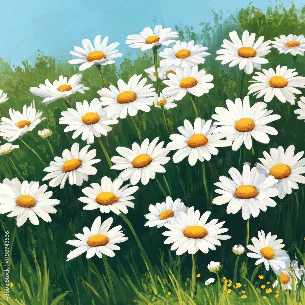 Fototapeta premium Bright blooming daisies create a vibrant field of white and yellow under a blue sky on a sunny day