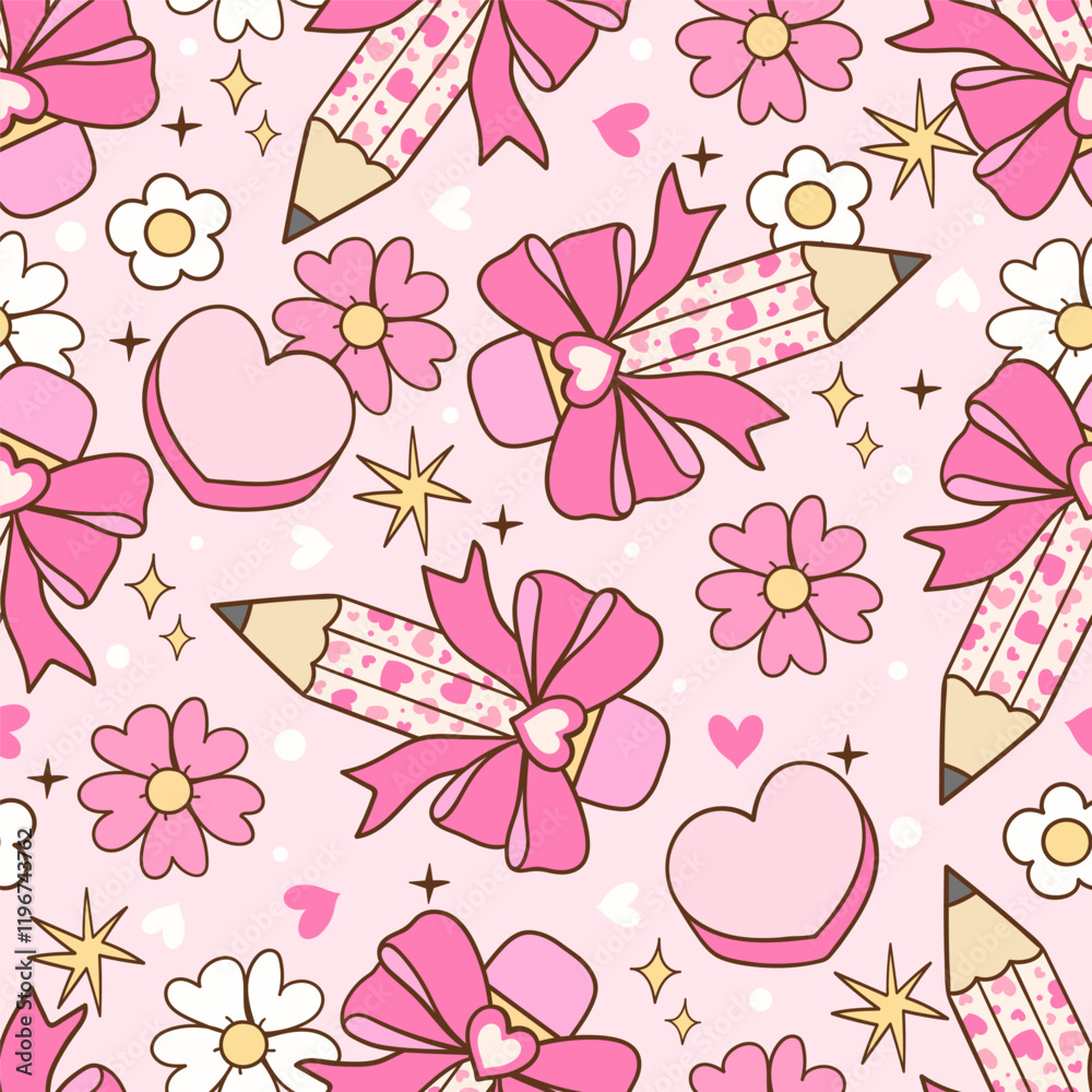 Draw seamless pattern pink coquette valentine Pencil bows Printable fabric Digital paper