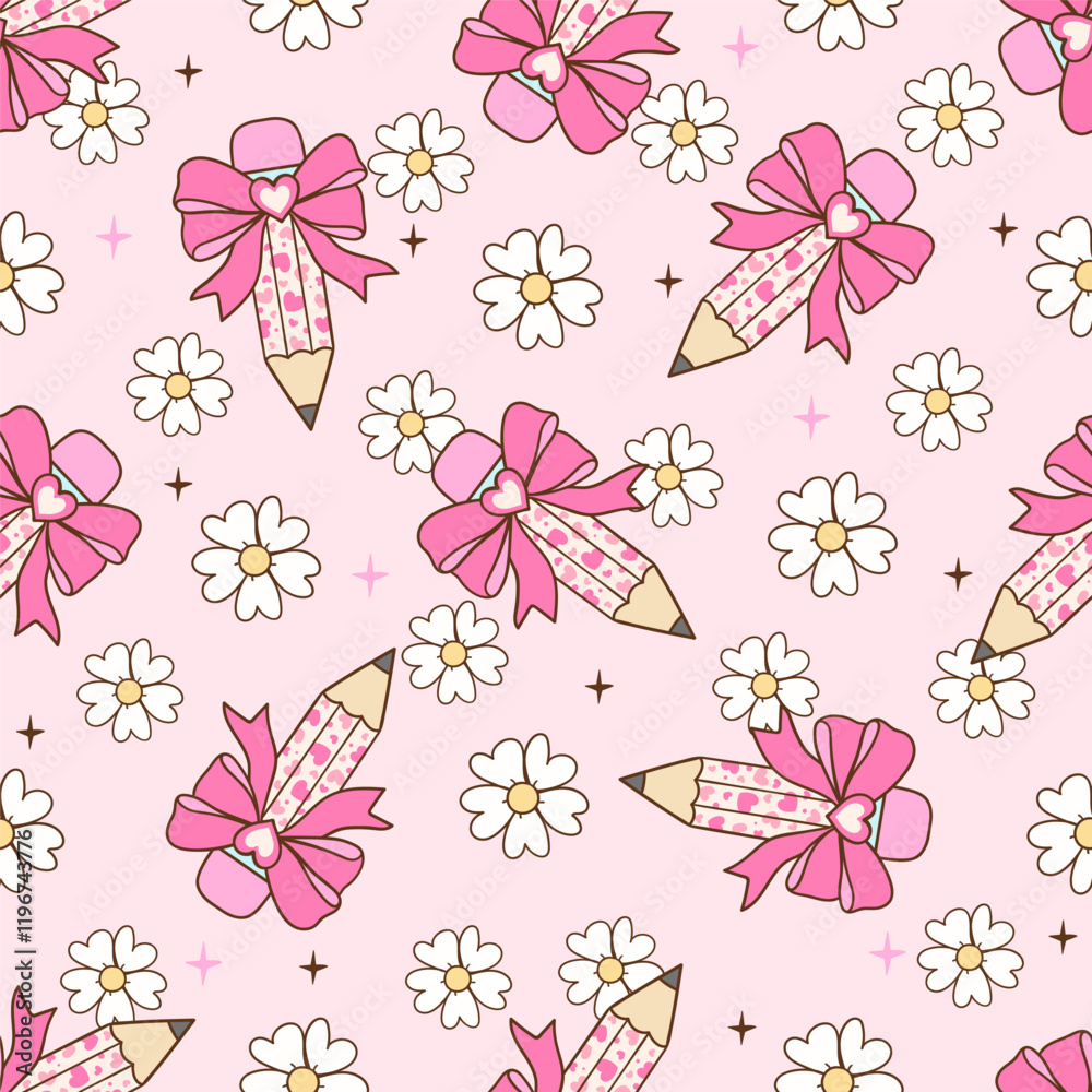 Draw seamless pattern pencil bow valentine Printable fabric Digital paper