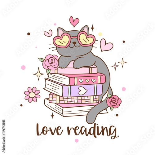Draw vector illustration happy cat with book Lover bookish Love reading Printable for shirt Doodle cartoon style