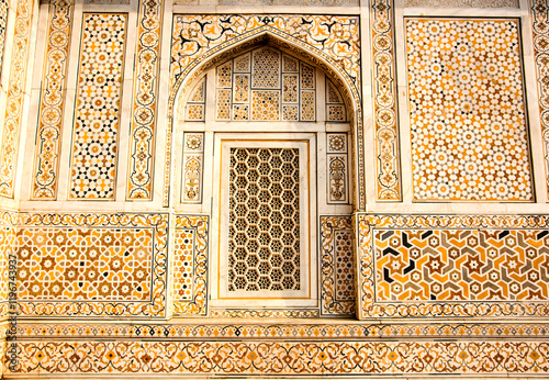 Detail of decoration and on the wall of Itmad-Ud-Daulah's tomb, Agra, Uttar Pradesh, India.
