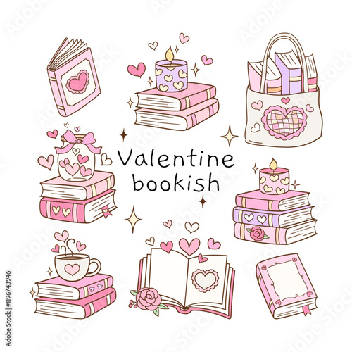 Draw vector illustration collection pink valentine bookish Book lover Love reading Doodle cartoon style