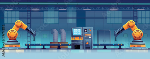 Factory background for game. Factory manufacturing industrial line. High tech machinery. Vector illustration.