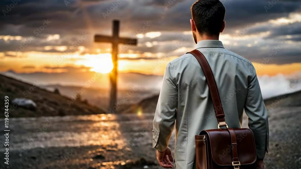Missionary man with suitcase on his back walking through the field at sunset taking the Word of God