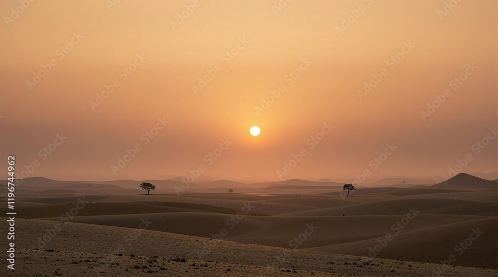 Lonely tree silhouette at sunrise over endless sand dunes. Peaceful desert landscape, golden hour light, majestic scenery. Perfect for travel, nature, and serenity themes Lonely tree silhouette at sunrise over endless sand dunes. Peaceful desert landscape, golden hour light, majestic scenery. Perfect for travel, nature, and serenity themes