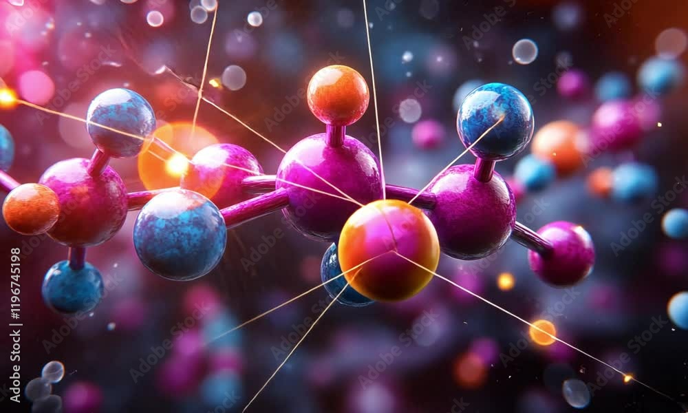 Abstract 3D rendering of a vibrant molecule, showcasing atomic bonds and colorful spheres.