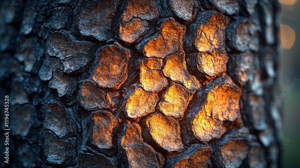 Illuminated Tree Bark Texture: Glowing Amber and Orange Hues in Nature Close-up Illuminated Tree Bark Texture: Glowing Amber and Orange Hues in Nature Close-up