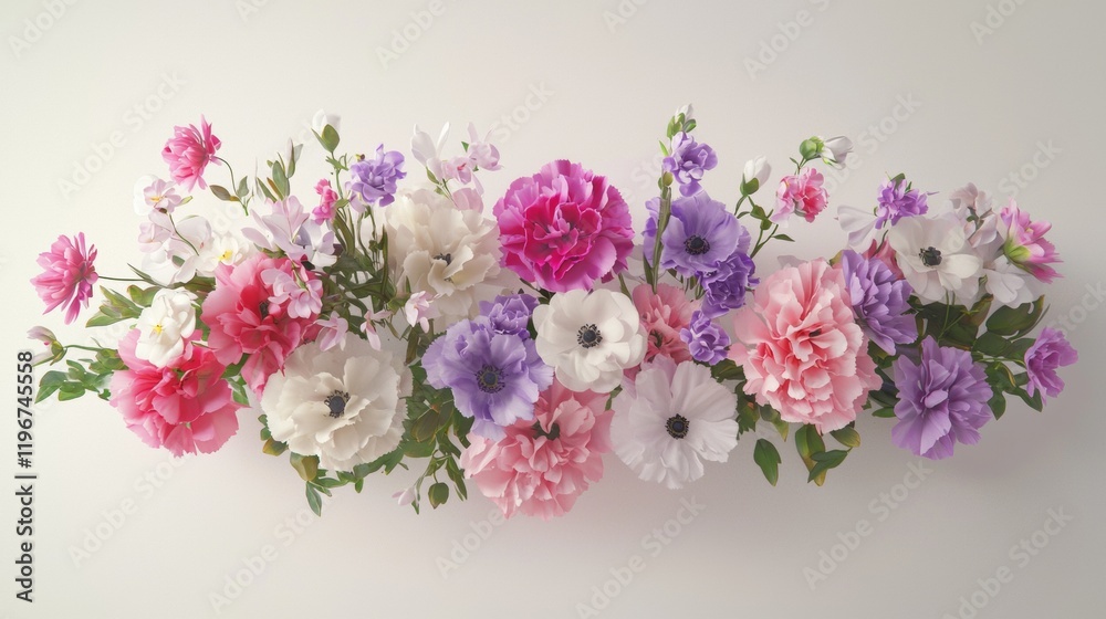 Fototapeta premium Colorful floral arrangement featuring anemones, peonies, and other blooms on a neutral background