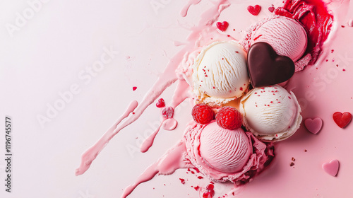 Luxurious pink ice cream with a chocolate heart, fresh raspberries, creamy topping, and heart-shaped decorations, perfect for celebrating Valentine's Day. photo