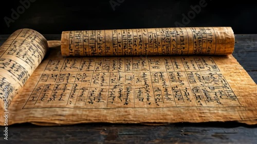 Ancient manuscript featuring hieroglyphics and historical text on a wooden surface