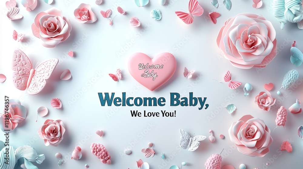 Creative welcome baby decoration with pink and blue elements for a celebration Creative welcome baby decoration with pink and blue elements for a celebration