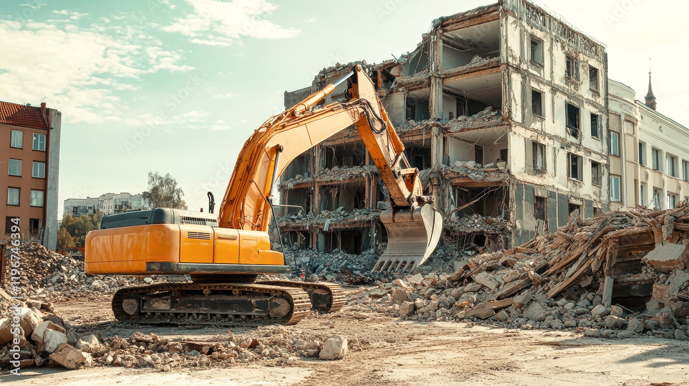 Old building demolition in progress with excavator against urban backdrop Old building demolition in progress with excavator against urban backdrop