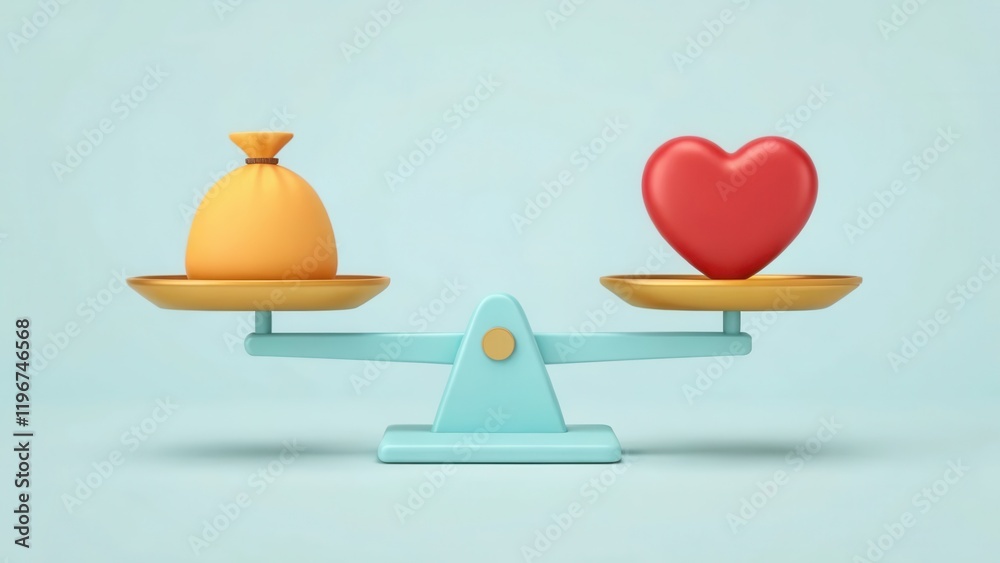 A colorful scale balancing a money bag and a heart symbolizes the importance of valuing both material wealth and emotional connections. A colorful scale balancing a money bag and a heart symbolizes the importance of valuing both material wealth and emotional connections.