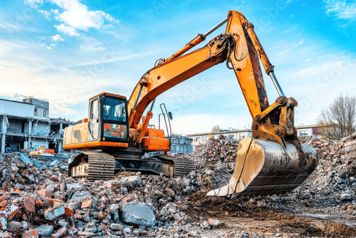 Excavator dismantling rubble at a construction site under a bright blue sky