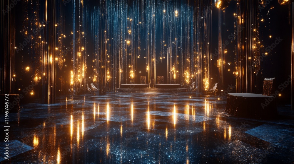 sophisticated vertical illumination, interweaving gold and blue light streams, suspended glitter particles, elegant dark environment, mirror-like floor surface, premium set design, atmospheric depth sophisticated vertical illumination, interweaving gold and blue light streams, suspended glitter particles, elegant dark environment, mirror-like floor surface, premium set design, atmospheric depth