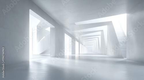 A bright, minimalist interior space with geometric shapes and light.