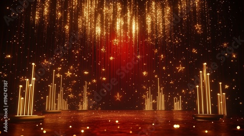 Fototapeta Naklejka Na Ścianę i Meble -  opulent ceremonial stage design, cascading golden stars, deep red velvet background, rising light pillars, floating golden particles, pearl accent details, symmetrical stellar display, prestigious