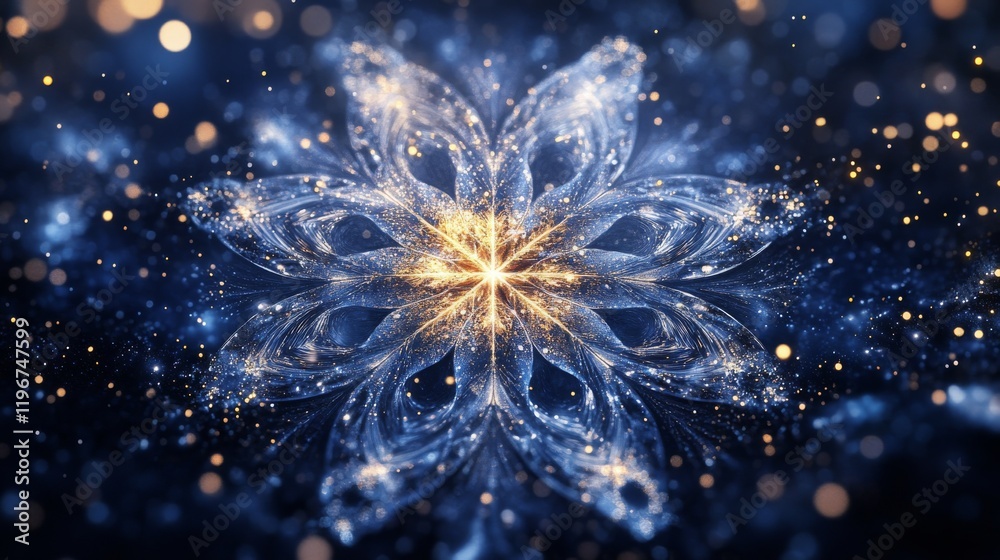 Fototapeta premium sophisticated snowflake art, intricate particle constellations, navy cosmic background, floating diamond dust effect, geometric ice crystal designs, scattered starlight points, minimal winter