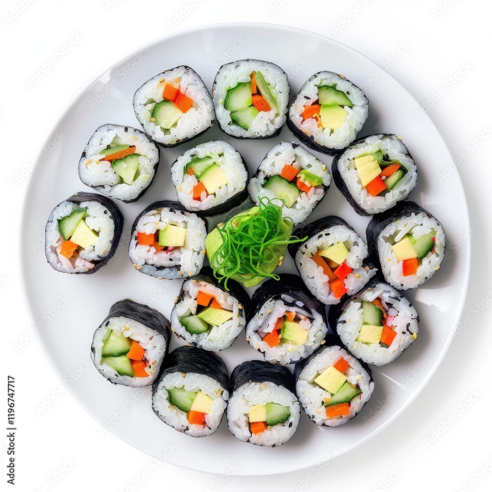 A plate of vegetable sushi rolls with avocado and cucumber, isolated white background, modern art style A plate of vegetable sushi rolls with avocado and cucumber, isolated white background, modern art style