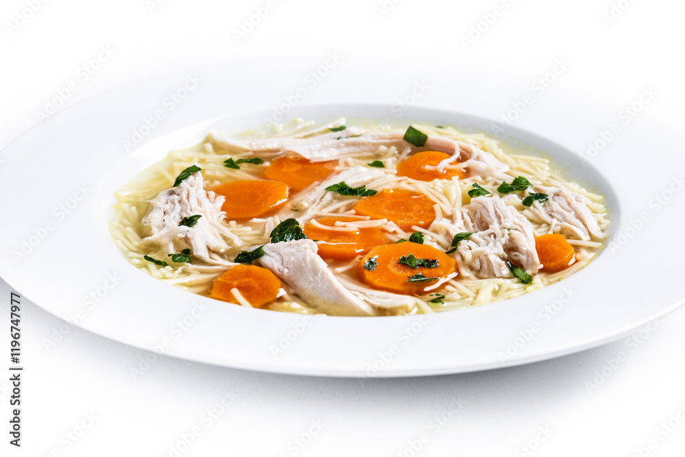 Homemade chicken soup with carrot isolated on white background