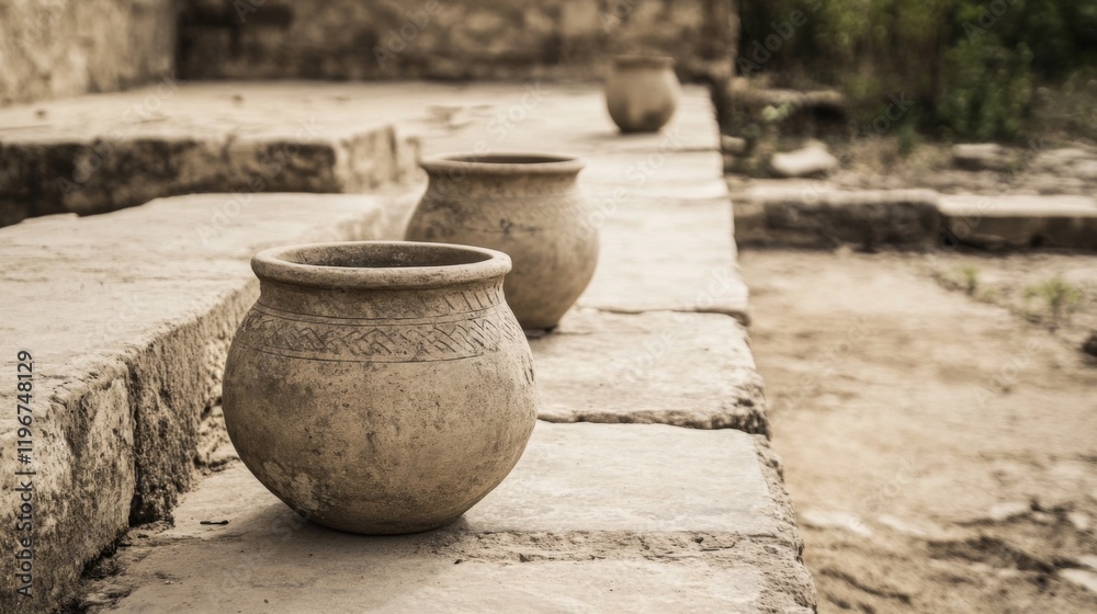 Naklejka premium Three ancient clay pots sit on stone steps of archaeological site.